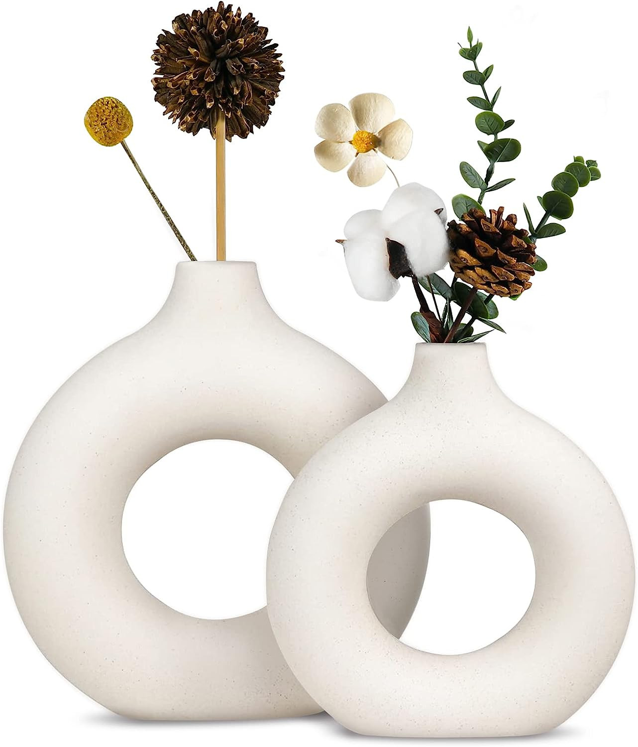 White Ceramic Vase Set 2 for Modern Home Decor, Hollow Round Matte Pampas Flower Vases - Nordic M... | Amazon (US)