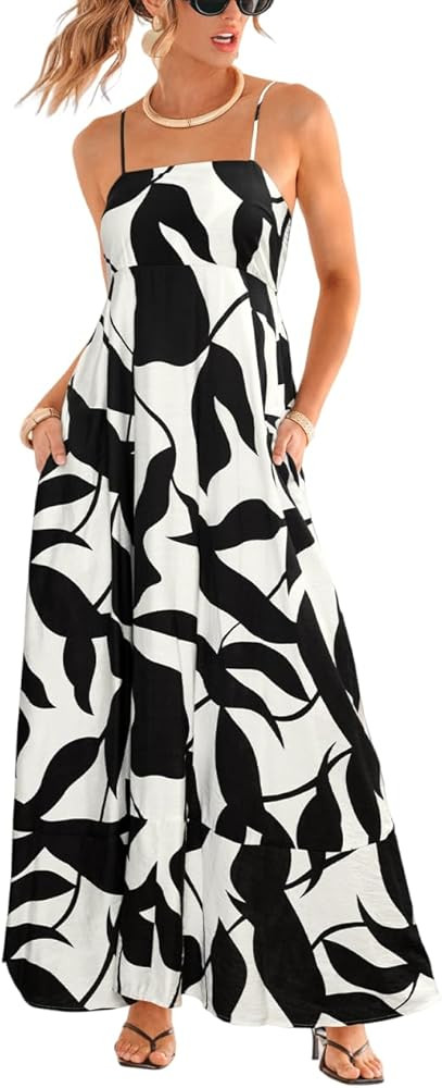 CUPSHE Womens Summer Maxi Dress Casual Sleeveless Square Neck Striped Beach Long Dress with Pocke... | Amazon (US)