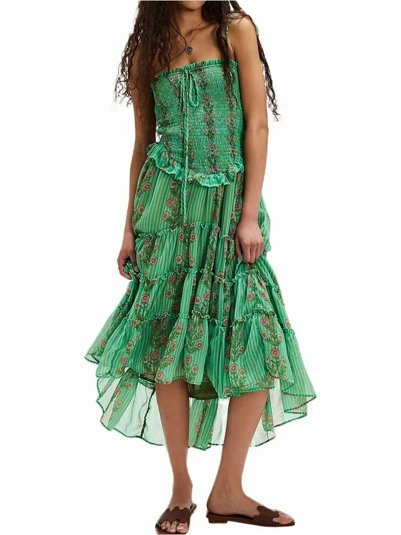 Tube Top Dress for Women Summer Solid Strapless Dresses, Off the Shoudle Ruffle Beach Dress Green... | Walmart (US)