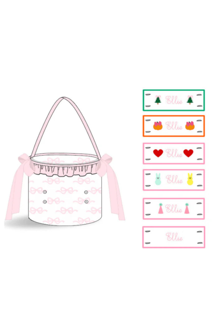 Custom Embroidered Tab Interchangeable Pink Bow Treat Basket | The Smocked Flamingo
