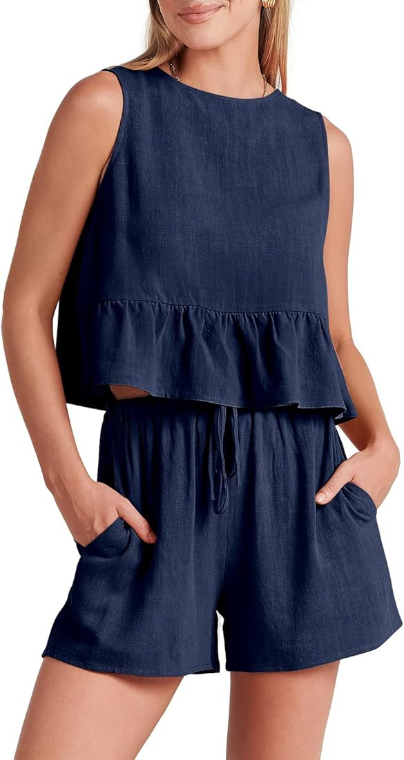 ANRABESS Women’s Summer 2 Piece Outfits Shorts Sets Sleeveless Ruffle Crop Top Tank and Drawstr... | Amazon (US)