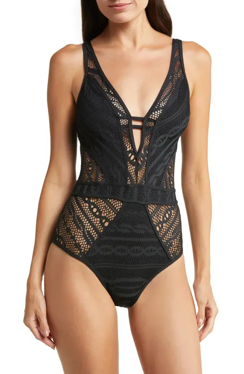 Becca Colorplay Lace One-Piece Swimsuit in Black at Nordstrom, Size Large | Nordstrom