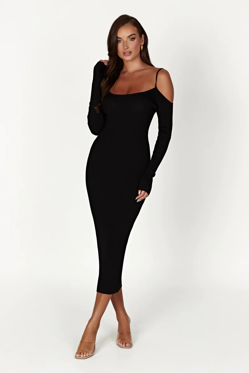 Shea Off Shoulder Knit Midi Dress - Black | MESHKI US