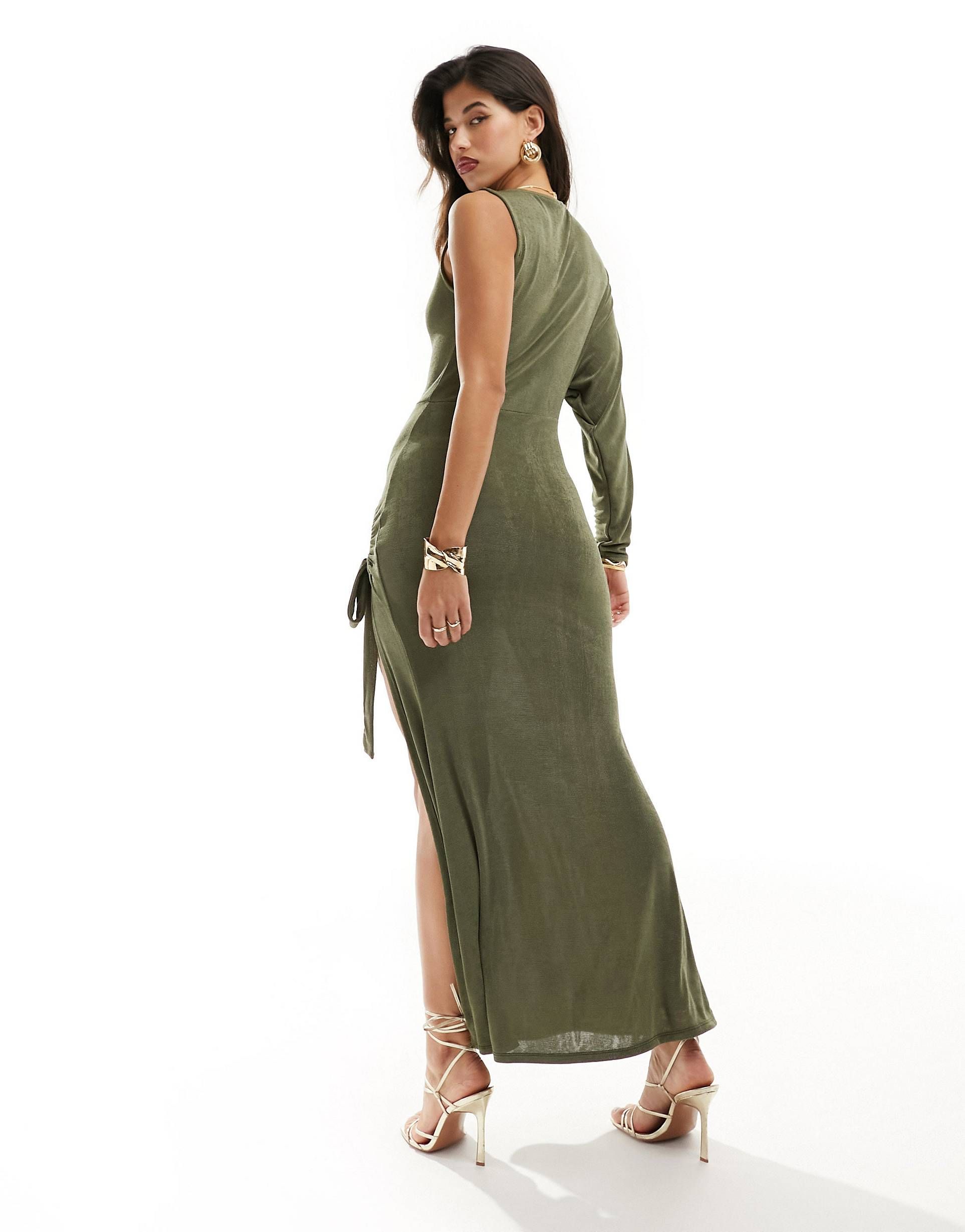 ASOS DESIGN one sleeve maxi dress with cutout and drawstring in khaki | ASOS (Global)