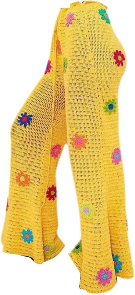 Wide Leg Pants Women Summer Beach Crochet Pants Multicolor Floral Hollow Out Knitted Boho Flared Trousers | Amazon (US)