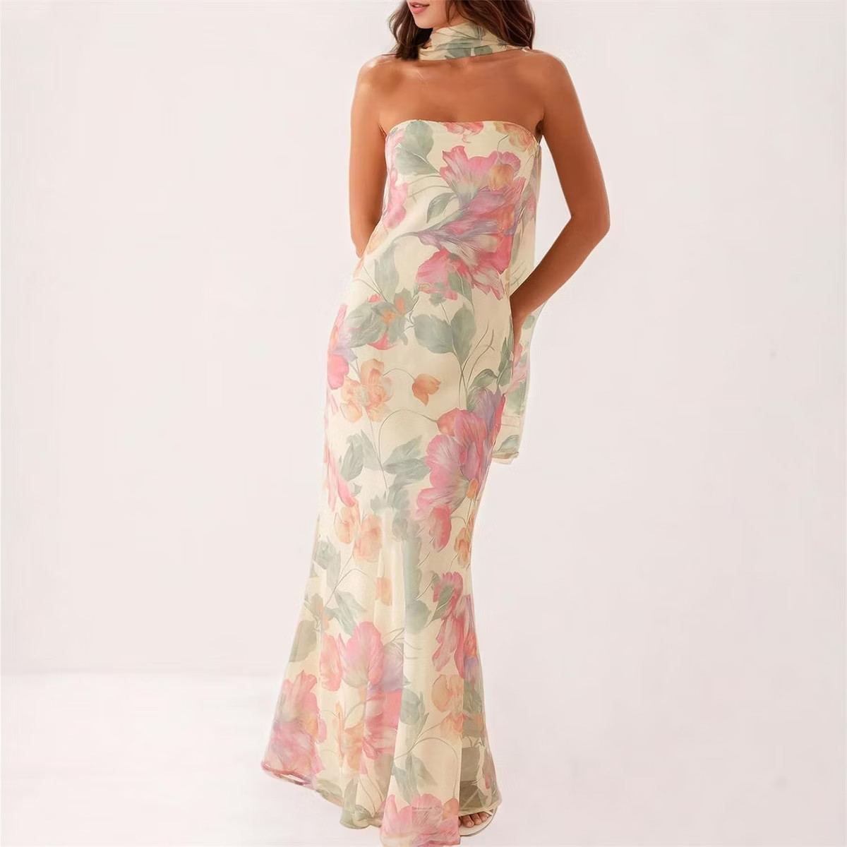 Clotth Women's Floral Off-Shoulder Bodycon Dress - Summer Slim Fit, Long Mesh Layer with Scarf fo... | Target