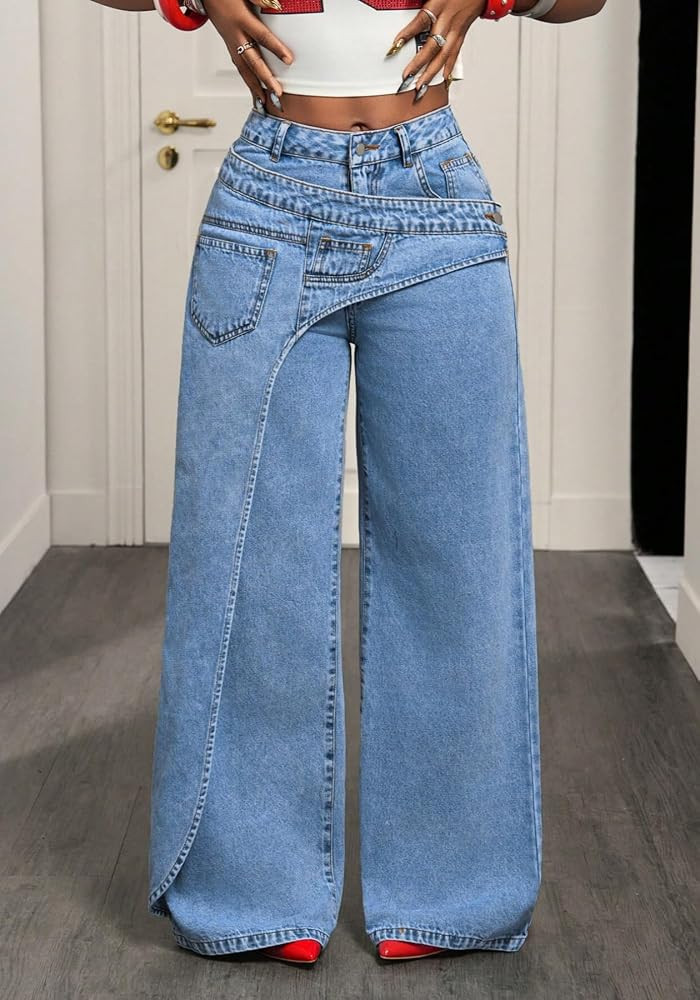 Womens Baggy Cargo Jeans Y2K Asymmetrical Wrap Wide Leg Denim Pants | Amazon (US)