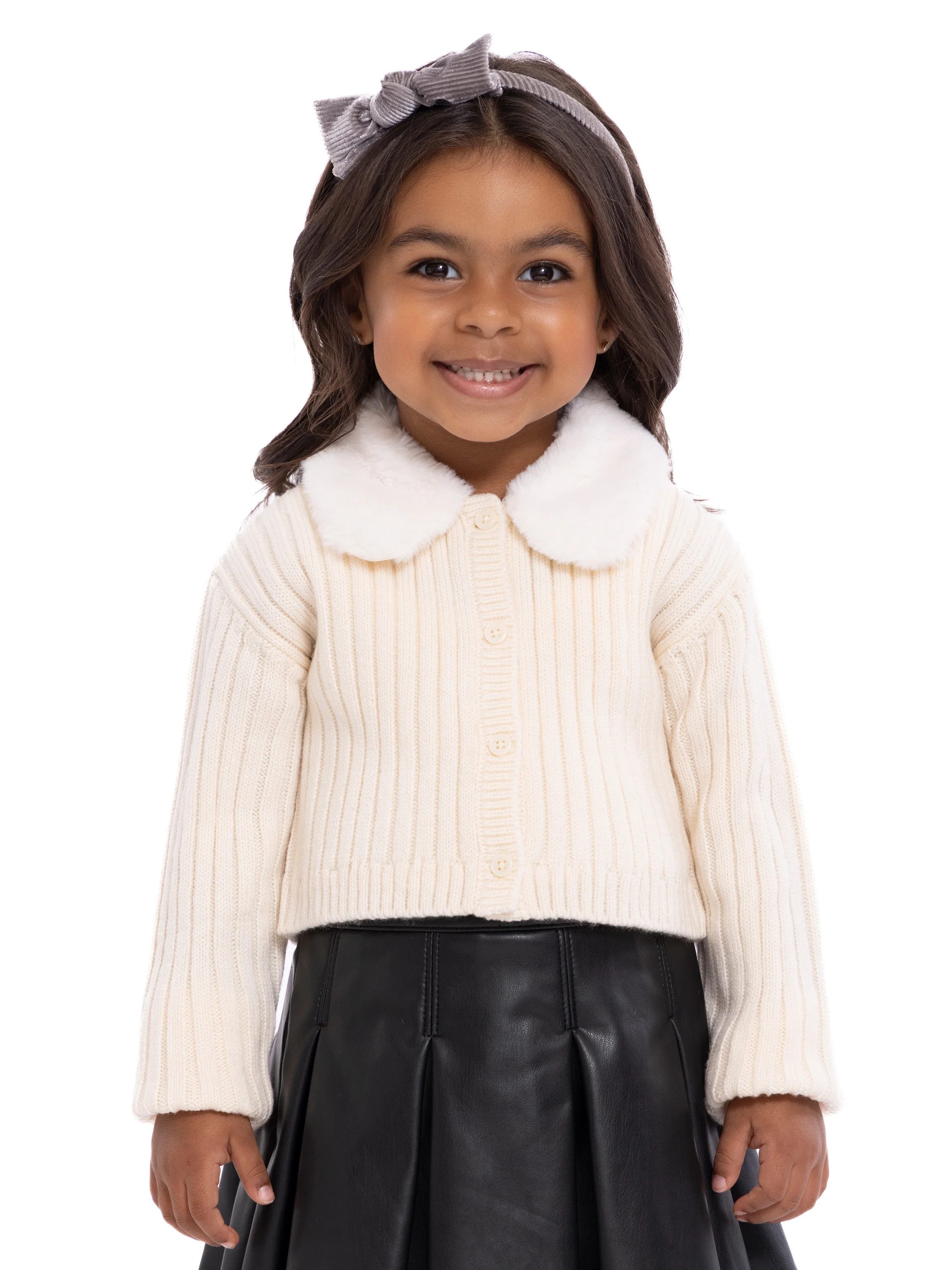 Wonder Nation Toddler Girls Cardigan Sweater with Faux Fur Collar, Lightweight, Sizes 12M-5T | Walmart (US)