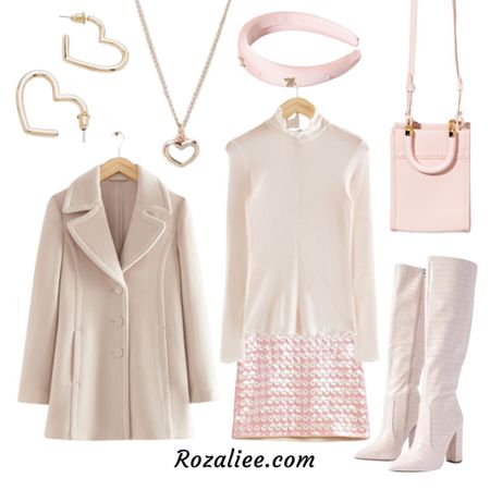 Coquette Outfit #6

Pale pink coquette outfit
Pink padded headband hairband
Frilled tight mock neck top
Pink Sequin mini skirt
Block heel knee high boots
Neutral wool coat
Pink crossbody bag
Heart earrings heart necklace

#LTKstyletip #LTKshoecrush #LTKSeasonal