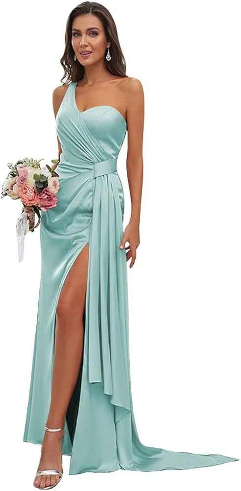 One Shoulder Mermaid Bridesmaid Dress with Slit Women's Long Satin Pleats Prom Dress Baby Blue Dress | Amazon (US)
