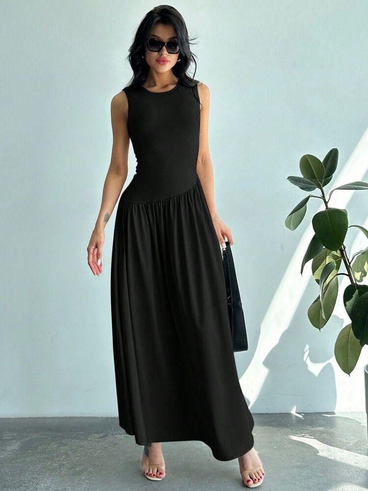 Firerie Women's Solid Color Simple Daily Wear Sleeveless Ruched Waist Long Dress,Business Casual Woman | SHEIN