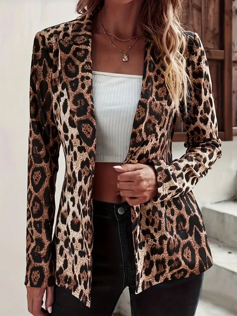 Leopard Print Open Front Blazer Elegant Lapel Long Sleeve - Temu Ireland | Temu Affiliate Program