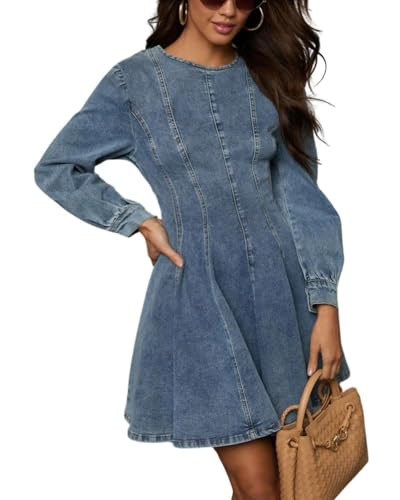 utcoco Women 2025 Fall Long Sleeve Denim Mini Dress Stretchy Slim Fit Ruffle Swing A Line Jean Dresses (Medium, Denim Blue) | Amazon (US)