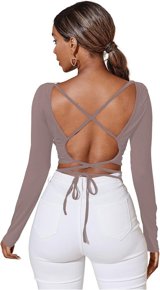 Verdusa Women's Crisscross Tied Backless Long Sleeve Crop Tee T Shirt Top | Amazon (US)