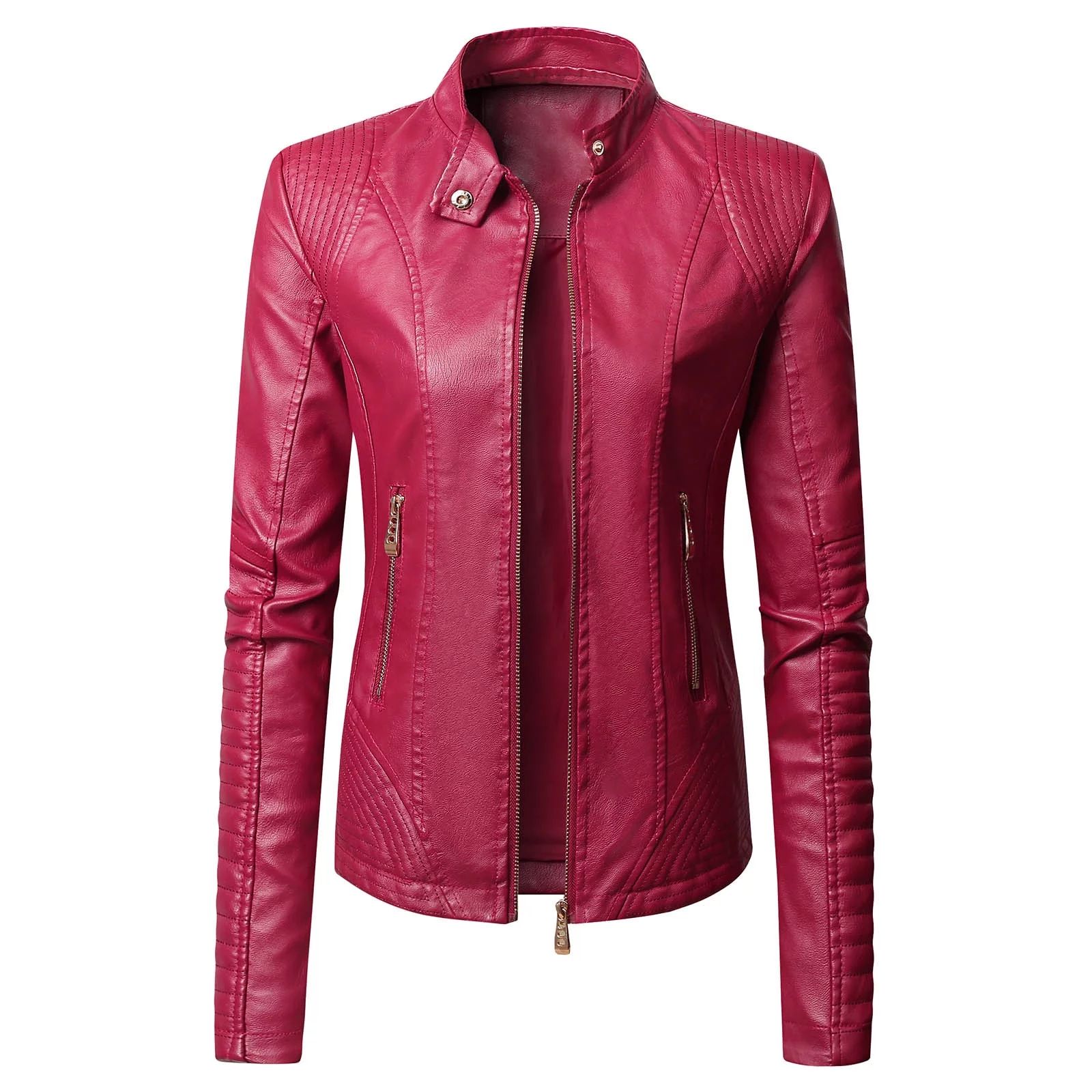 Leather Jacket for Women Zip Up Long Sleeve Leather Jacket Casual Slim Fitted Short Leather Coat ... | Walmart (US)
