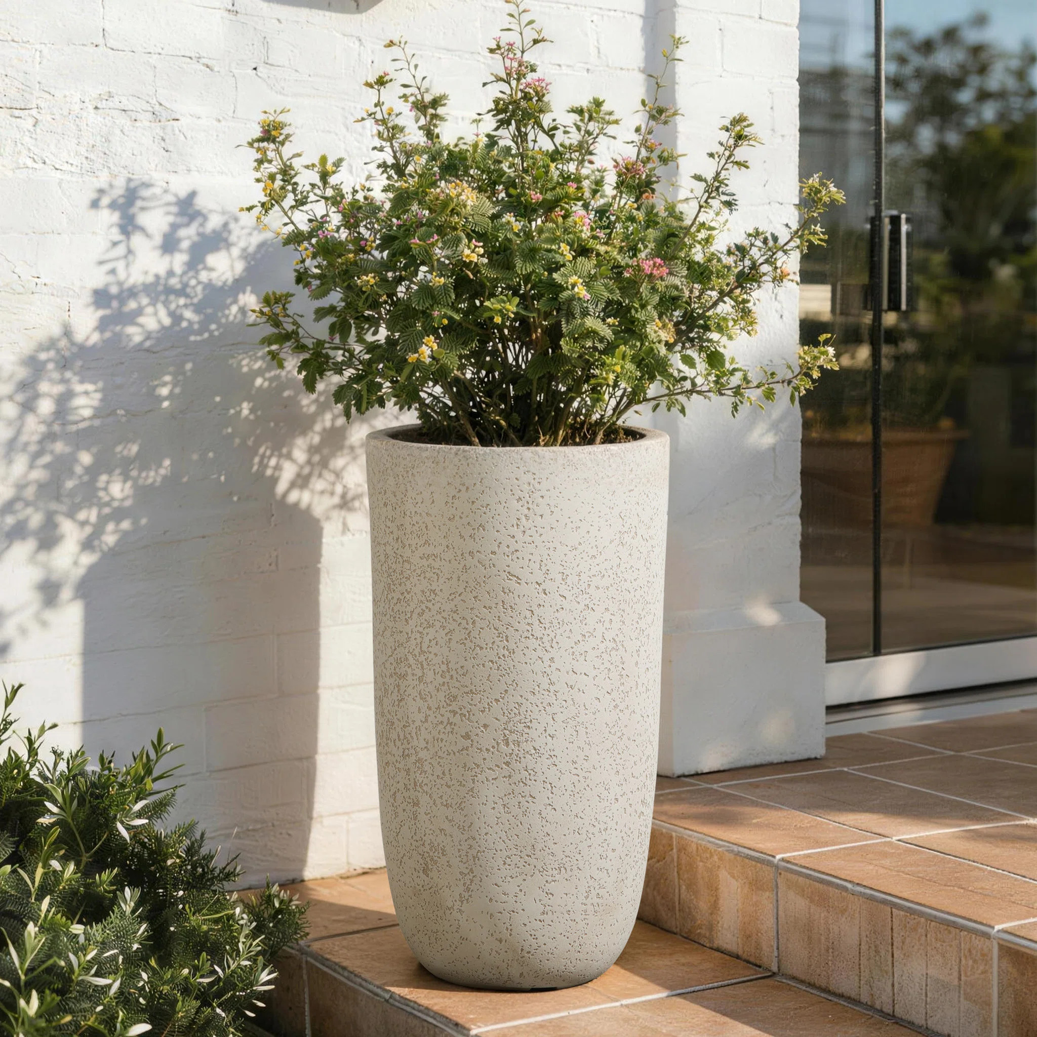 22.72" Tall Round Tapered Planter, Travertine Stone Finish, Garden Pot | Wayfair North America