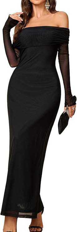 Colysmo Long Sleeve Mesh Off Shoulder Bodycon Maxi Dress Party Formal Wedding Guest Fall Dresses ... | Amazon (US)