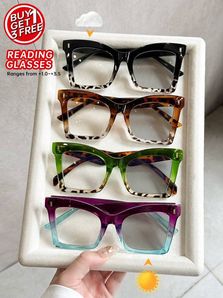 1pc/4pcs Plastic Multicolor Colourful Geometric Full Frame Personalized Exaggeration Photochromic Women Reading Glasses 6 Diopter Options +1.0 To +2.5 Magnification For Holiday Gift Daily Life Summer Driving Camping Family Outings | SHEIN