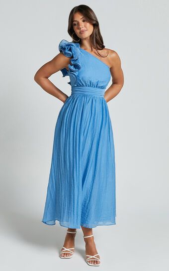 Dorothy Midi Dress - One Shoulder Frill Detail Fit and Flare Dress in Sky Blue | Showpo (US, UK & Europe)