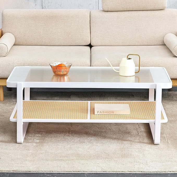 Rattan Coffee Table, White Living Room Table with Tempered Glass Top, Glass Top Center Table with... | Amazon (US)