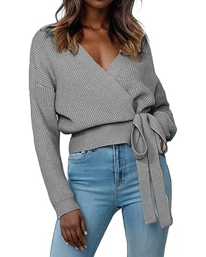 Womens Fall Sweaters 2025 Womens Casual V Neck Wrap Sweater Pullovers Lightweight Ribbed Drop Sho... | Amazon (US)