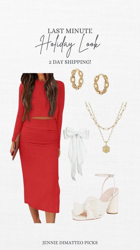 Last minute holiday look, matching set, initial, gold jewelry, accessories, hoops, heels bow. Christmas Outfit. Holiday Party Dress. Amazon Fashion. Amazon Dress. Red Skirt. Christmas Dresss

#LTKHoliday #LTKSeasonal #LTKstyletip