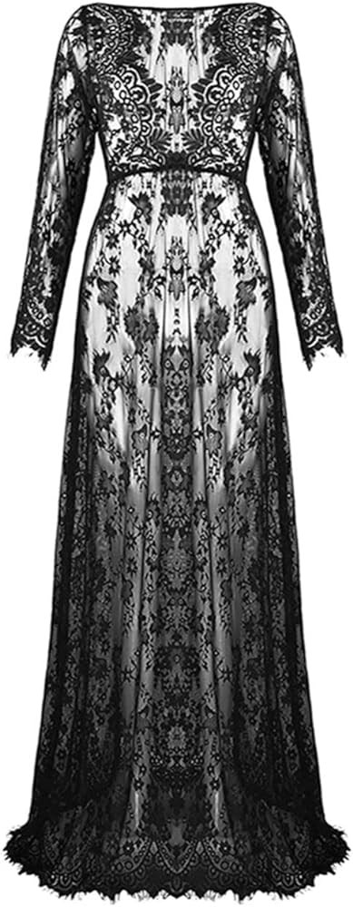 ZIUMUDY Sexy Deep V-Neck Long Sleeve Lace Beach See-Through Maternity Maxi Dress | Amazon (US)