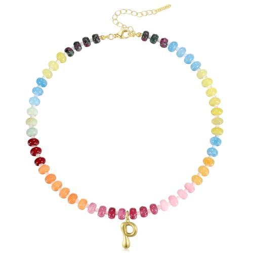 KissYan Initial Necklaces for Women, Colorful Beaded Gemstone Choker 14K Gold Bubble Letter Pendant Necklace Natural Stone Summer Beach Handmade Jewelry Gift(P) | Amazon (US)