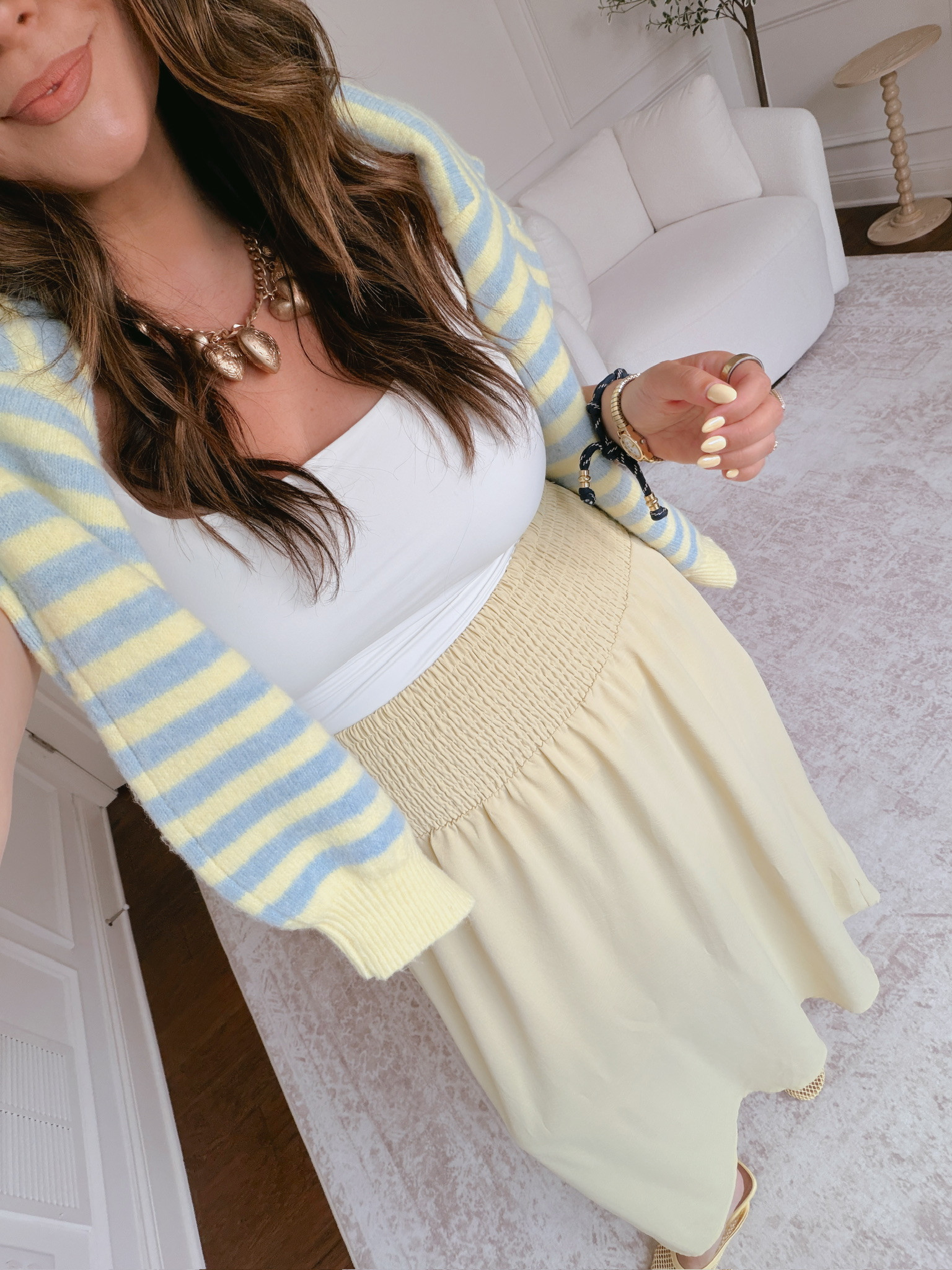 wearing a XL in the striped cardigan + skirt, L in the white top 

 #LTKSeasonal #LTKMidsize