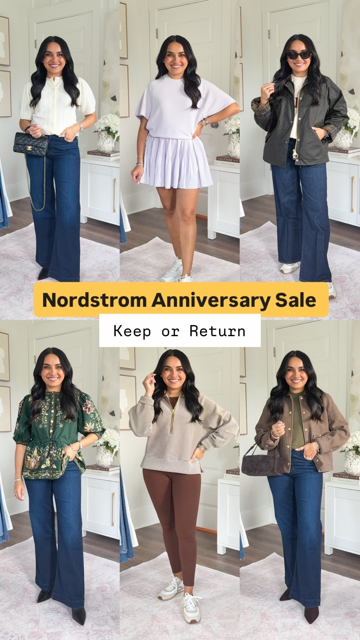 Nordstrom Anniversary Sale - Keep or Return!
For reference: I’m 5’0, petite, 32b bra size, and 2/26 in bottoms, pear shaped. 
*Everything I share is unaltered! TTS means true to size. Between size 5-6.5 in shoes

Foundation shade B40

Ivory Sweater size xs TTS
Paige jeans size 26 petite TTS
Black boots size 5.5 TTS

Purple lavender top size xs TTS
Purple lavender skort size small TTS
Sneakers size 6.5 TTS


Green floral top size xxs TTS
Paige jeans size 26 petite TTS

Brown dark walnut color quarter zip pullover size xs TTS
Brown dark walnut  color size small TTS
Brown dark walnut color leggings size medium - i like to size up a size for a comfortable waistband
White beige brown stripe sneakers size 6.5 TTS

Barbour sweatshirt size 4 TTS - roomy fit
Frame jeans size 26 petite TTS
Olive Barbour jacket size 4 TTS 

Fall outfits
Petite outfits

#LTKPetite #LTKSaleAlert #LTKootd