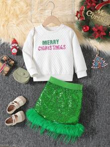Young Girl Slogan Graphic Sweatshirt & Fuzzy Trim Skirt for Christmas | SHEIN