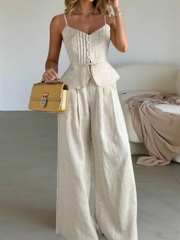 Franclia 2pcs/Set White Linen Sleeveless Jumpsuit Palazzo Pants | SHEIN