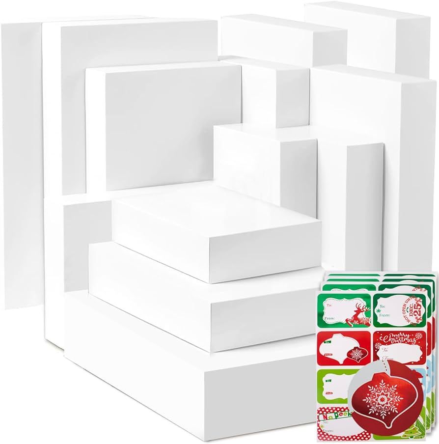 12 White Gift Wrap Boxes with Lids for wrapping Large Clothes and 80 Count Foil Christmas Tag Sti... | Amazon (US)