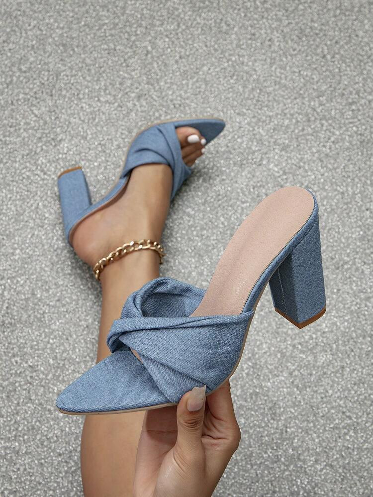 Women Twist Decor Chunky Heeled Mule Sandals, Fashion Summer Denim Heeled Sandals | SHEIN
