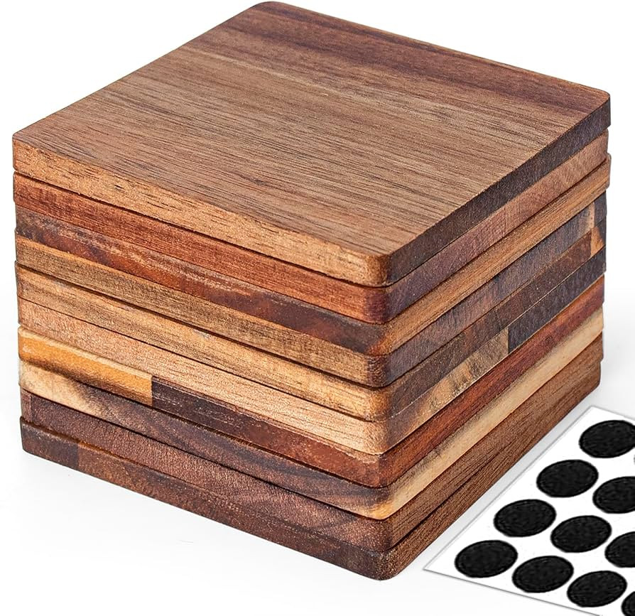 10 Pieces Unfinished Wood Coasters, 4 Inch Square Acacia Wooden Coasters for Crafts with Non-Slip... | Amazon (US)