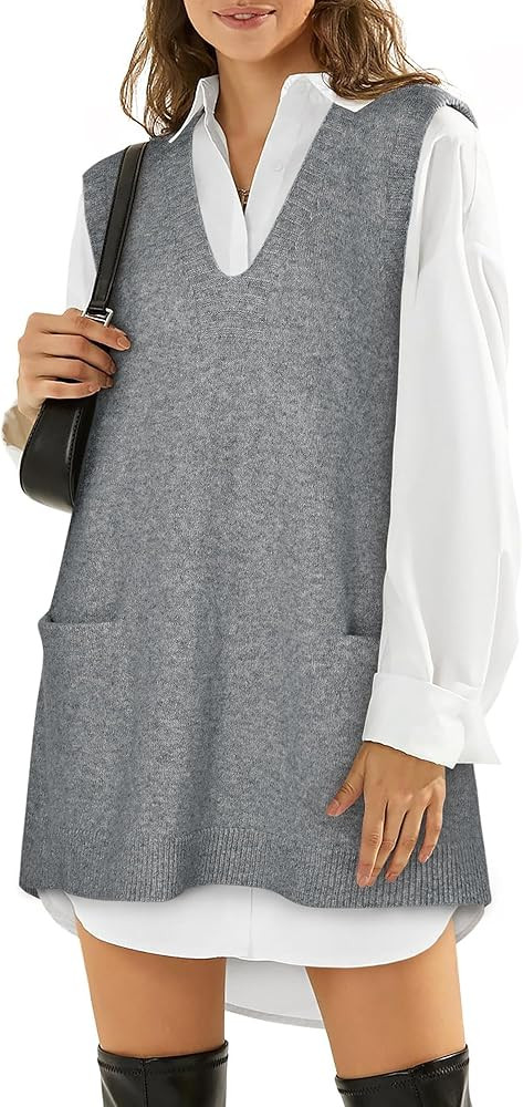 Sweater Vest Women Sleeveless V Neck Oversized Knit Tops Tunic Dress with Pockets Fall Fashion 20... | Amazon (US)