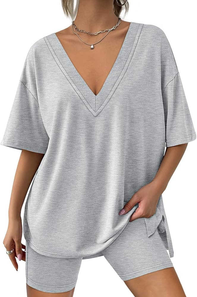 AUTOMET Womens 2 Piece Sets Summer Outfits Reversible Oversized T Shirts Tops Biker Shorts Lounge... | Amazon (US)