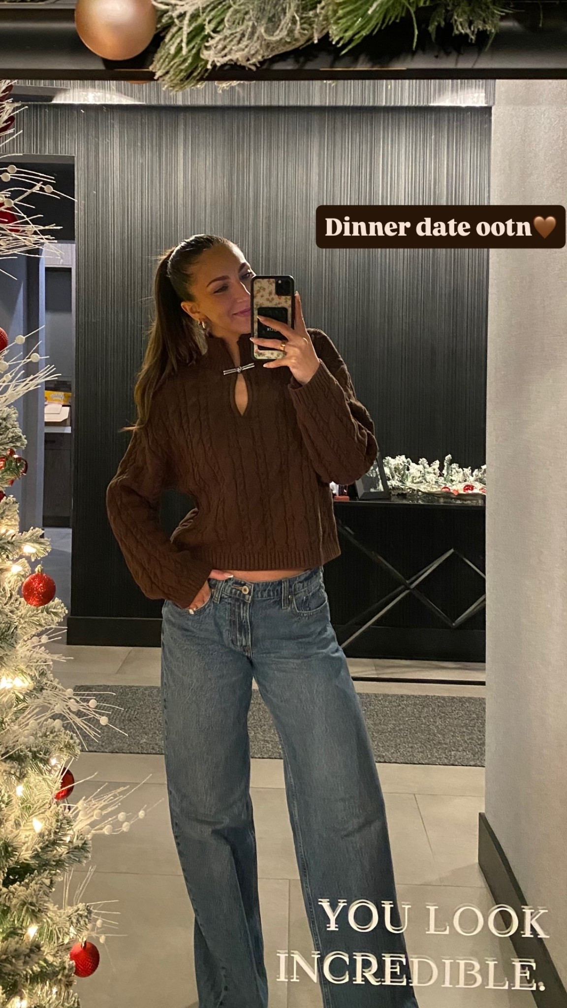 Dinner date ootn🤎 this sweater is stunning! Love it for this winter! And these jeans are the perfect low rise baggy denim! 

#LTKHoliday #LTKSeasonal #LTKootd