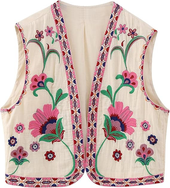 Women Floral Embroidered Vest Vintage Sleeveless Boho Y2k Cardigan Open Front Cropped Waistcoat | Amazon (US)
