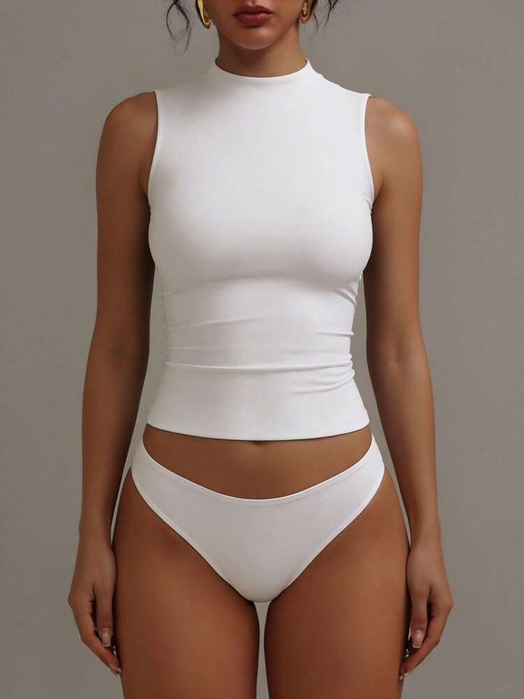 XLLAIS Crew Neck Sleeveless Solid Color White Base Double-Layer Elastic Fitted T-Shirt Casual Summer | SHEIN