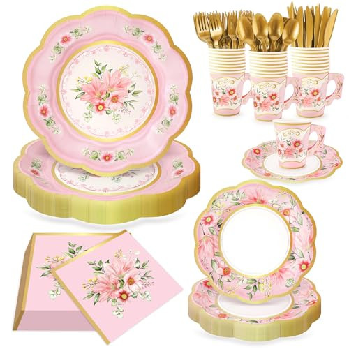 168 PCS Flower Tea Party Supplies, Pink Vintage Floral Paper Plates Napkins Cups Cutlery for 24 Guests, Spring Floral Disposable Plates for Birthday Baby Shower Bridal Shower Wedding Party Decorations | Amazon (US)