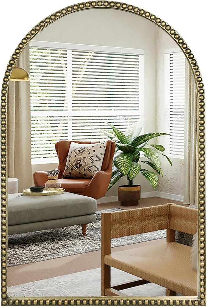 Wemily Antique Gold 24"x36" Arched Wall Mirror with Metal Beaded Frame - Decorative Accent Wall M... | Amazon (US)