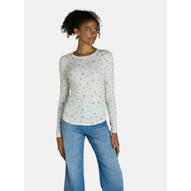 No Boundaries Ribbed Crewneck Tee with Long Sleeves, Women's and Women's Plus | Walmart (US)