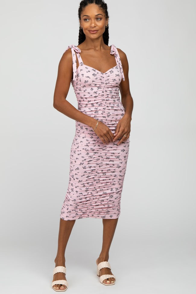 Pink Floral Ribbed Ruched Shoulder Tie Dress | PinkBlush Maternity