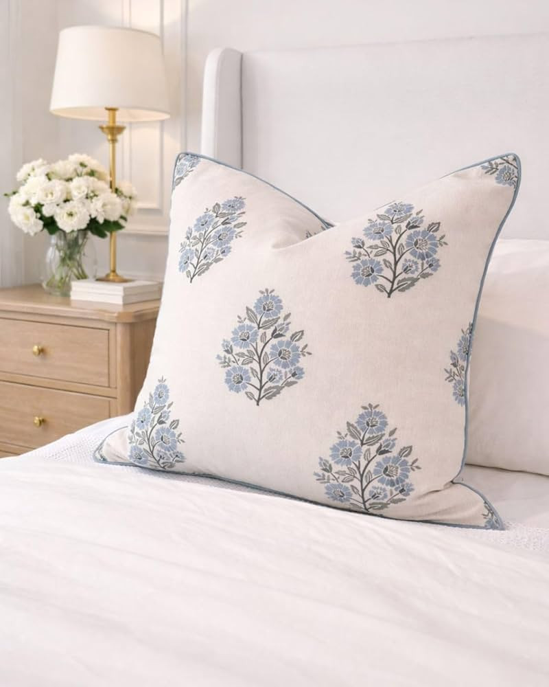 “The Camille” Floral Block Print Pillow Cover – Soft Blue and White Decorative Throw Pillow... | Amazon (US)