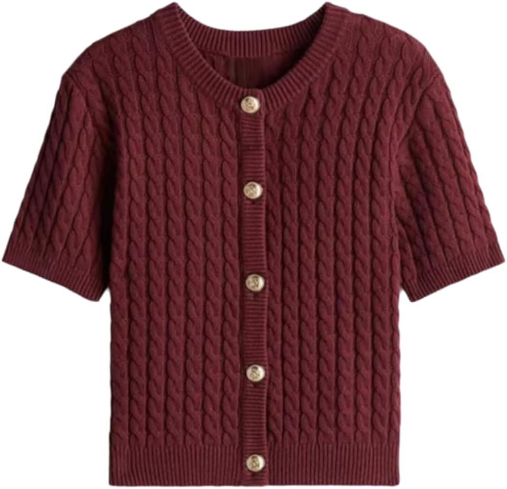 Women Cable Knit Short Sleeved Sweater Cardigan Casual Button Up Soft Solid Sweater Shirt | Amazon (US)