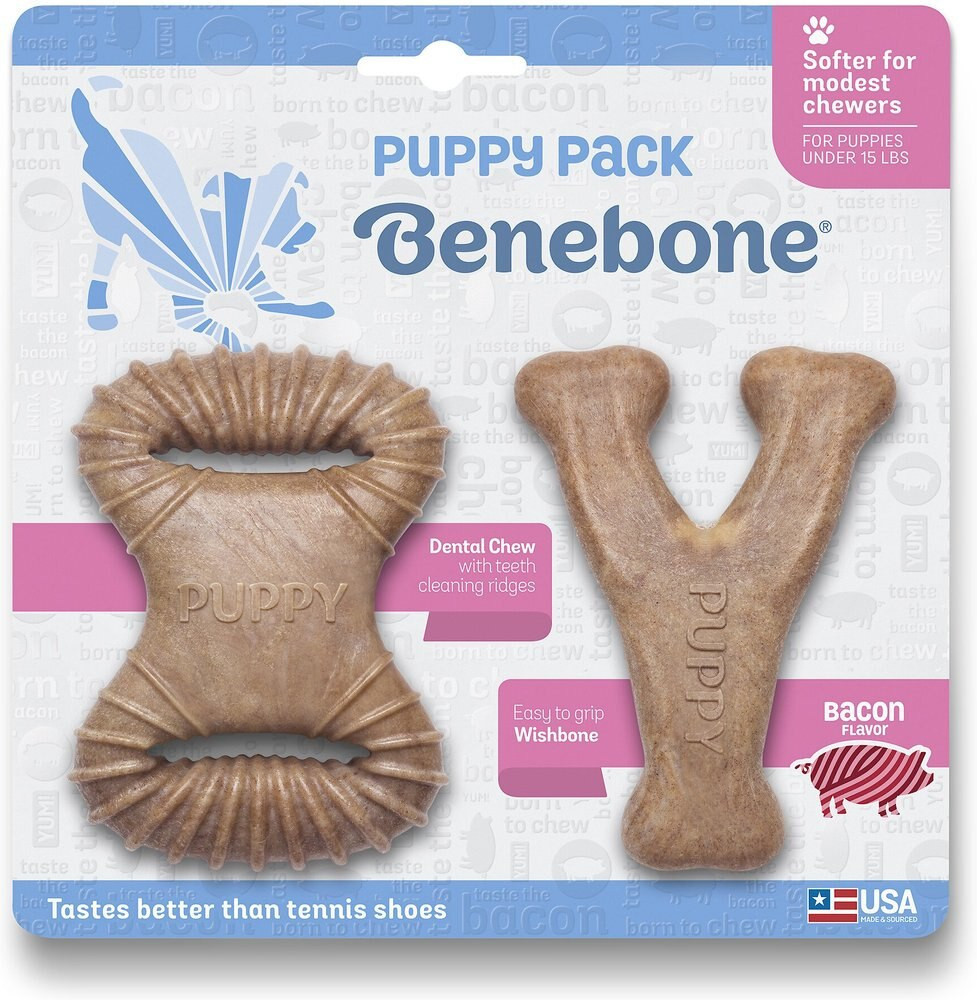 Benebone Bacon Flavor Tough Puppy Chew Toy, 2 count | Chewy.com