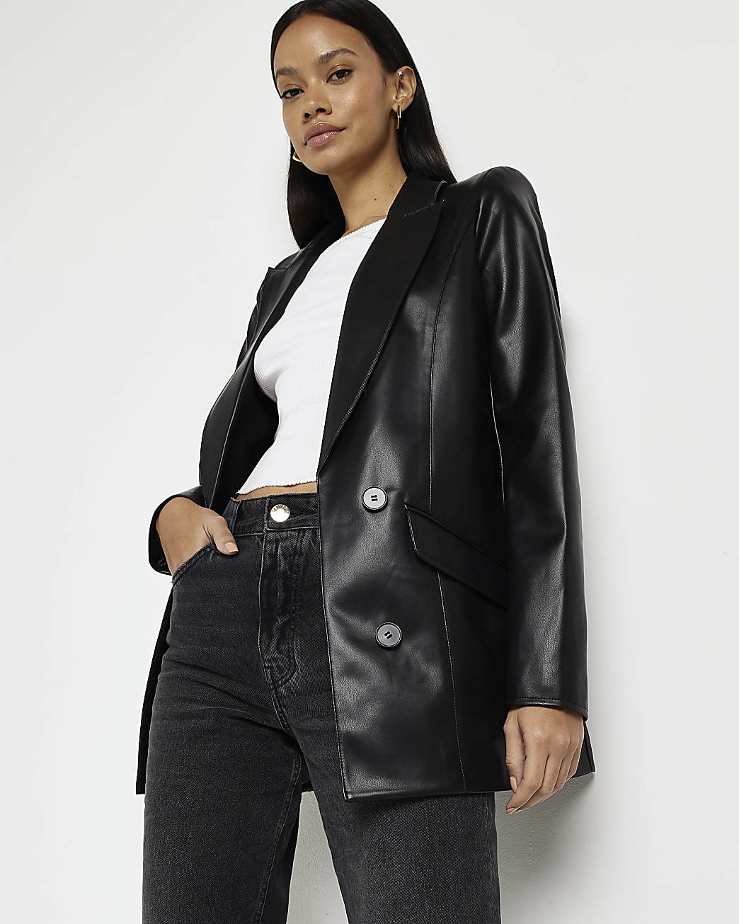 Black faux leather blazer | River Island (UK & IE)