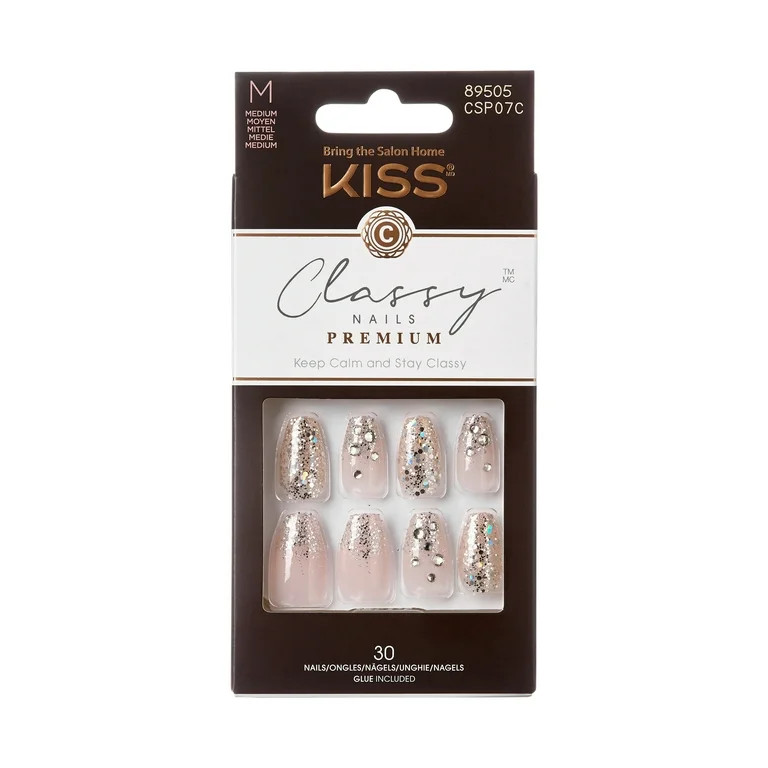 KISS Classy Premium Medium Coffin Glue-On Nails, Glossy Light White, 30 pieces | Walmart (US)
