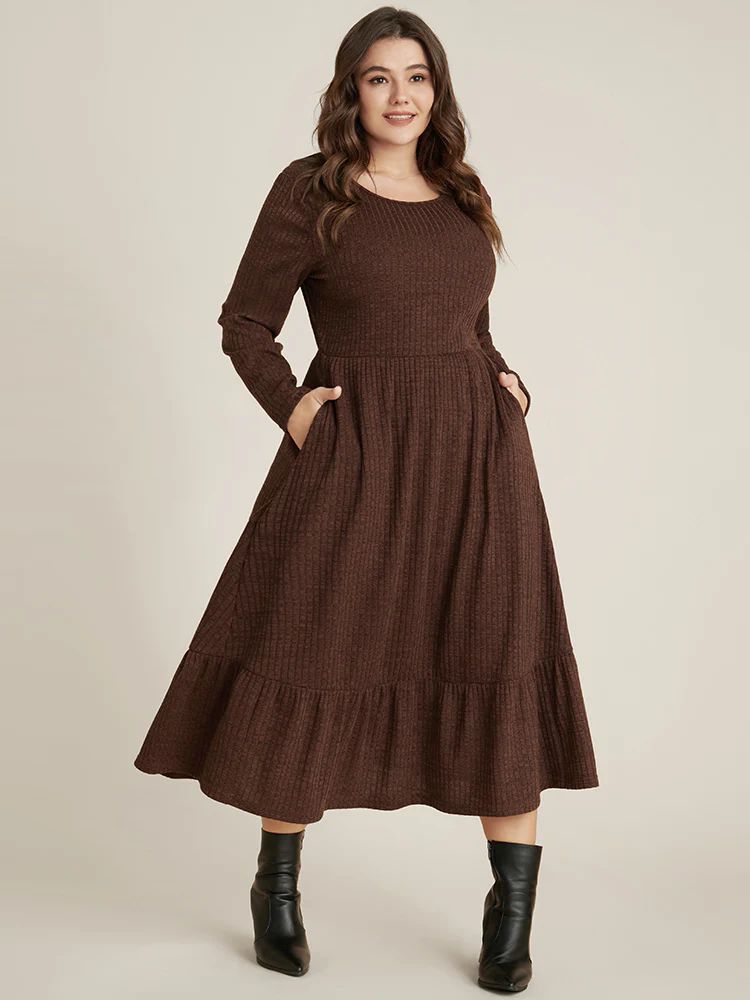 Solid Pocket Rib Knit Ruffle Hem Dress Without Belt | Bloomchic